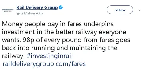 Twitter Money people pay in fares underpins investment in the better railway everyone wants. 98p of every pound from fares goes back into running and maintaining the railway.