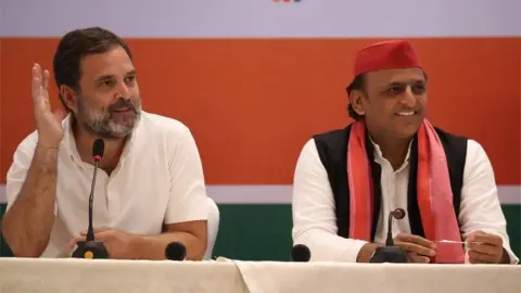EPA Senior Congress leader Rahul Gandhi (L) and Samajwadi Party president Akhilesh Yadav (R) from Indian National Developmental Inclusive Alliance (I.N.D.I.A), a multi-party political alliance against ruling and Narendra Modi led Bhartiya Janta party, hold a joint press conference in Ghaziabad, Uttar Pradesh, India, 17 April 2024.