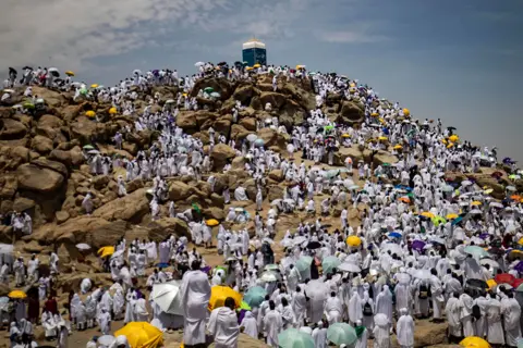 DELIL SOULEIMAN/AFP Muslim pilgrims gather at Mount Arafat, also known as Jabal al-Rahma (Mount of Mercy), southeast of the holy city of Mecca, during the climax of the Hajj pilgrimage, on 8 July, 2022.