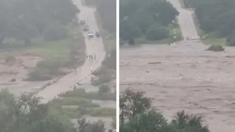  A split screen image of a road before and after flooding. One side is submerged