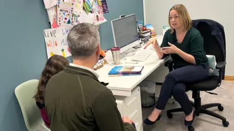 Dr Helen Evans Howells, sitting in office chair, talking to patients. Scott, a father wearing a green jumper, sits next to his young daughter Carey with long brow hair in consulting chairs, with their backs to the camera.