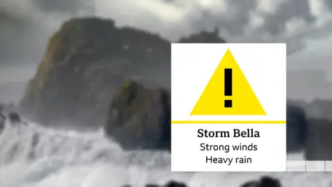 BBC Storm Bella weather warning graphic