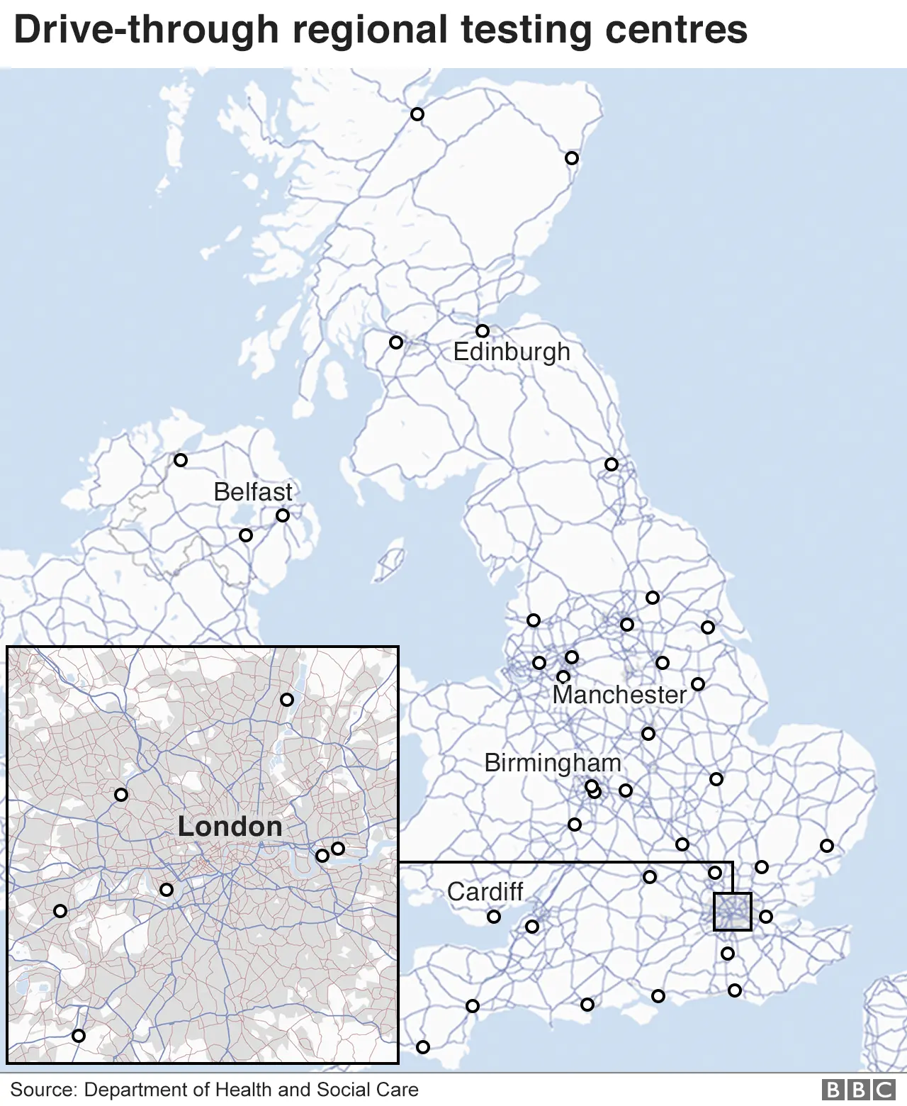 Map showing regional testing sites