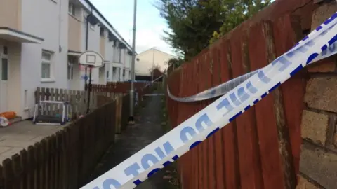 Police tape around an alleyway that backs onto a row of houses