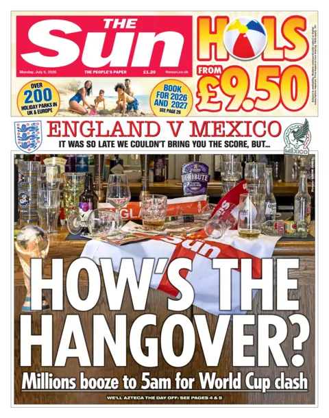 The headline on the front page of the Sun reads: 'How's the hangover?'