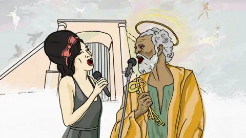 Emma Russell Illustration of Amy Winehouse and Saint Peter singing