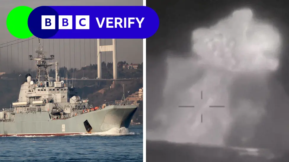 Composite image of Russian ship and footage of an explosion