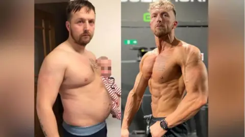 A composite image showing two images of Sion. On the left, is a picture of Sion before losing weight. He is not wearing a top and holds a little baby son with a stern expression. On the right, is a picture of Sion now with his muscles on show in a gym. 