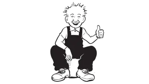 DC Thomson A black and white drawing of Oor Wullie from the 2020s. He has spiked hair, is wearing dunagrees and is sitting on a bucket giving a thumbs-up.