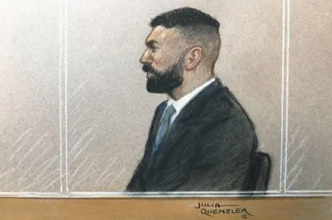Julia Quenzler Drawing of PC Imran Mahmood in the dock at Southwark Crown Court on 2 May.