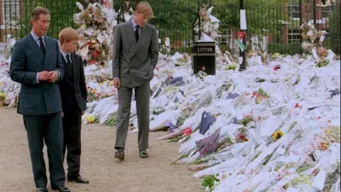 PA Prince Charles, Prince William and Harry At Kensington Palace looking at floral tributes