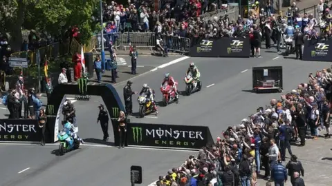 IOM TT RACES Motorcycles at the start line on the TT course