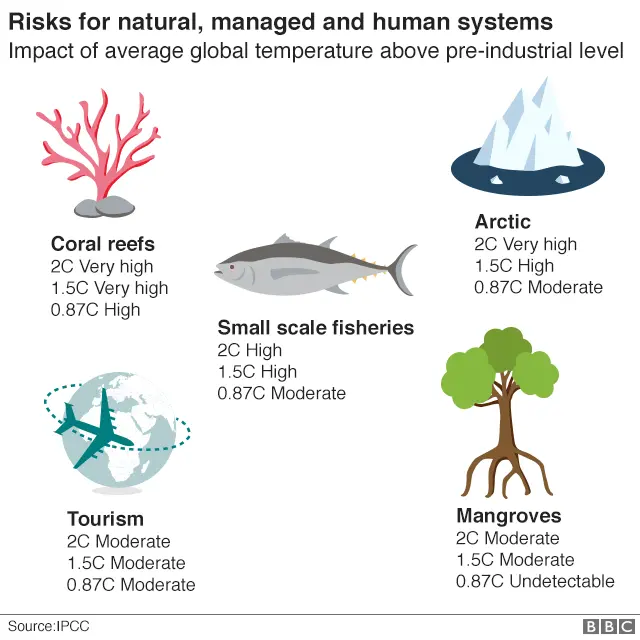 Graphic showing what is likely to be affected by different rises in temperature