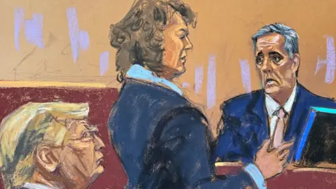 Jane Rosenberg Courtroom sketch of prosecutor Susan Hoffinger questioning Michael Cohen in Donald Trump's hush-money trial