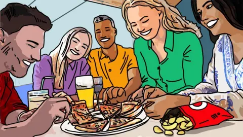 BBC Illustration of people sharing a pizza
