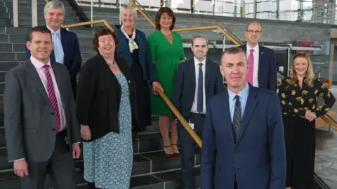 Plaid Cymru Steffan Lewis with Plaid Cymru colleagues in October 2018