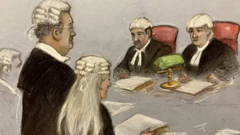 Elizabeth Cook A court sketch shows lawyers for Julian Assange addressing High Court judges Dame Victoria Sharp and Mr Justice Johnson
