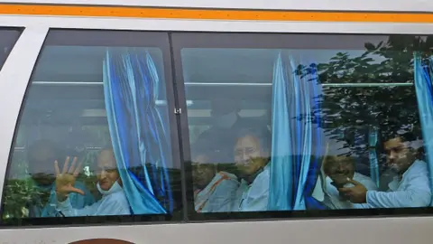 Getty Images Rajasthan Chief Minister Ashok Ghelot along with party leaders and MLA's boards a bus towards a hotel after a meeting with CM Ashok Gehlot, in Jaipur, Monday, July 13, 2020. The meeting, meant to be a show of strength for Gehlot comes in the backdrop of a open rebellion by Deputy CM Sachin Pilot.