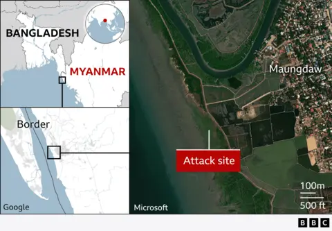 A map showing an aerial image of where the attack happened, and the proximity of Myanmar to Bangladesh - the two countries share a border in the west of Myanmar and the south east of Bangladesh. 