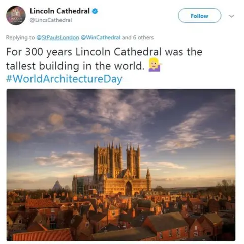@Lincscathedral/Twitter Lincoln Cathedral: For 300 years Lincoln Cathedral was the tallest building in the world. 💁🏼#WorldArchitectureDay