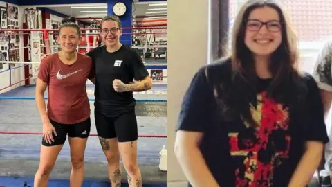 Eilish Tierney Left: Tierney posing with NIna Hughes following a sparring session. On the right, Tierney weighing 15 stone pre lockdown.