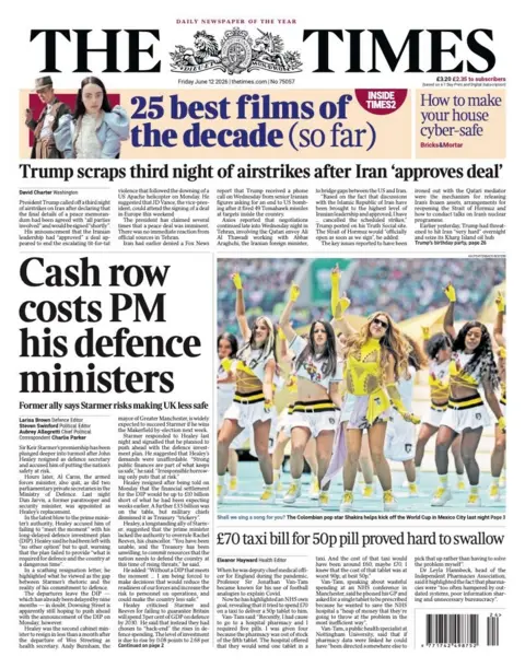 The headline on the front page of the Times reads: "Cash row costs PM his defence ministers." 