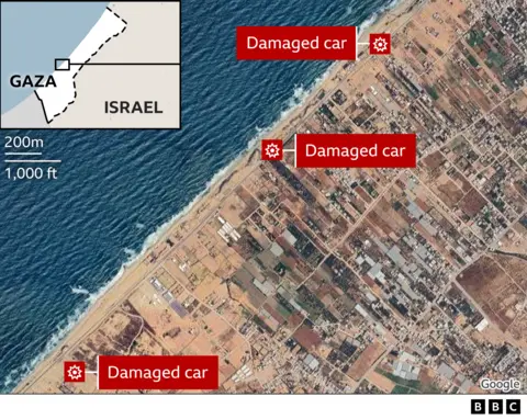 A satellite map showing the location of three damaged cars