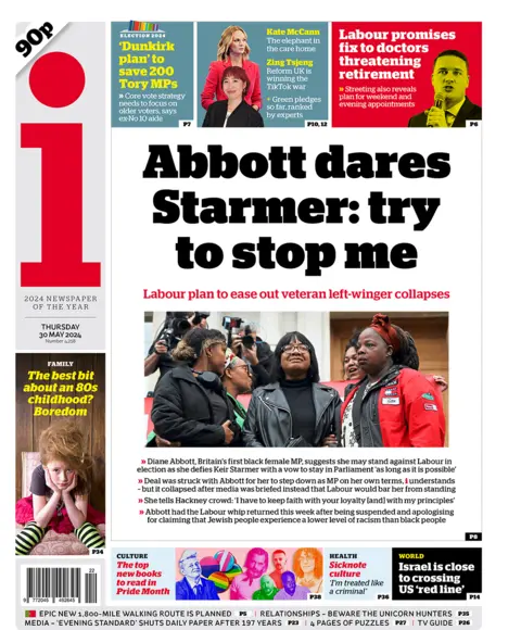 Front page of i newspaper: "Abbott dares Starmer: Try to stop me"