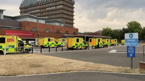 BBC Ambulances queuing outside Gloucestershire Royal Hospital