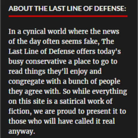 Thelastlinelineofdefense.org Disclaimer on satirical news site The Last Line of Defense