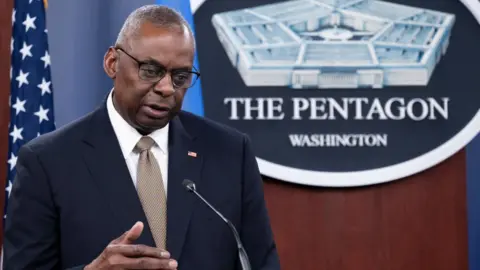 Getty Images US Defence Minister Lloyd Austin speaks during a press conference after concluding the Ukraine Defence Contact Group at the Pentagon in Washington, DC, on April 26, 2024