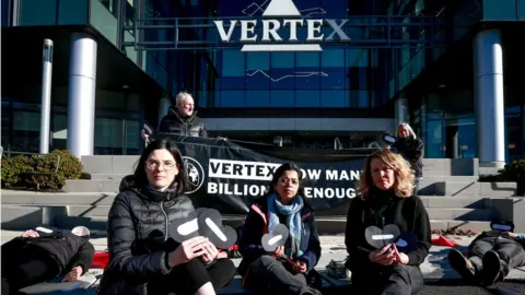 Just Treatment Campaigners outside the Vertex HQ building