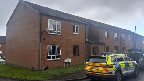 A police car sits outside a property in Ballymena