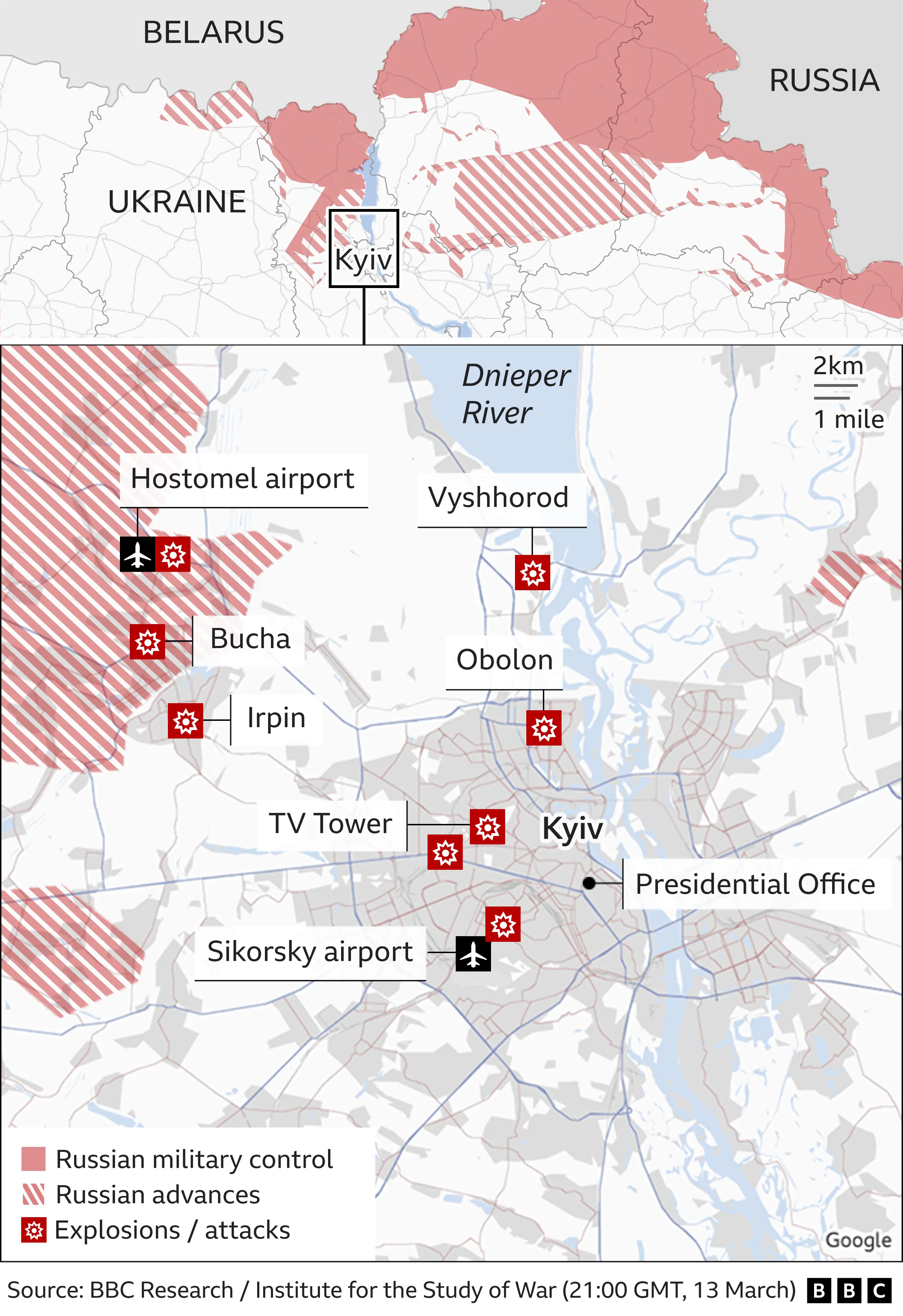 Map showing key locations in the capital Kyiv, areas of Russian advances and recent strikes. Updated 14 March