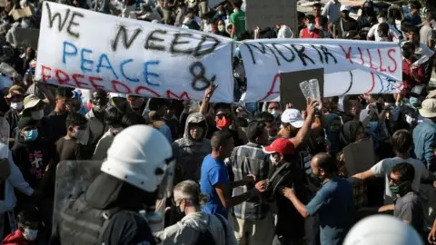 AFP Migrant protest on Lesbos, 11 Sep 20