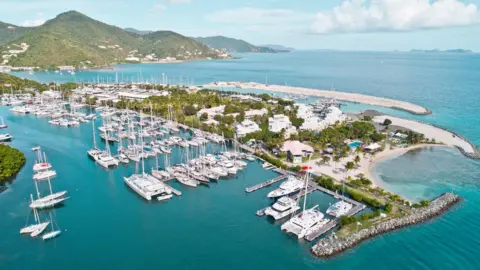 View of boats, sea and hills in Road Town, British Virgin Islands