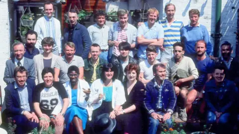 Gregg Blachford Lisa Power with other Switchboard volunteers in a gay pub in Islington in 1984