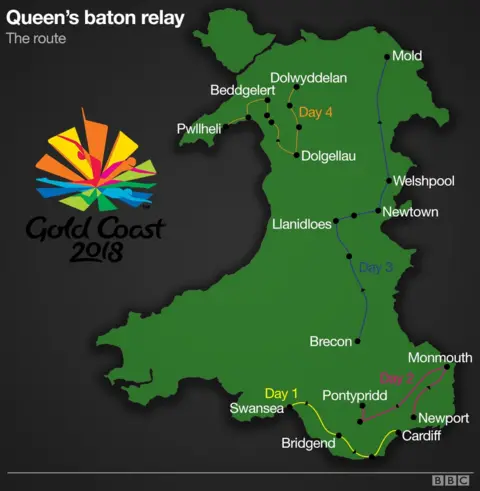 The route the baton relay will take through Wales