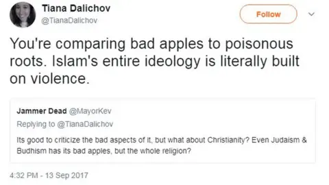 Twitter/Tiana Dalichov A screenshot of a Twitter post from Tiana Dalichov. It reads, "You're comparing bad apples to poisonous roots. Islam's entire ideology is literally built on violence".