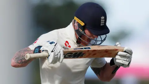 England all-rounder Ben Stokes shouts in frustration at his bat as he walks off after being dismissed in the second Test against West Indies