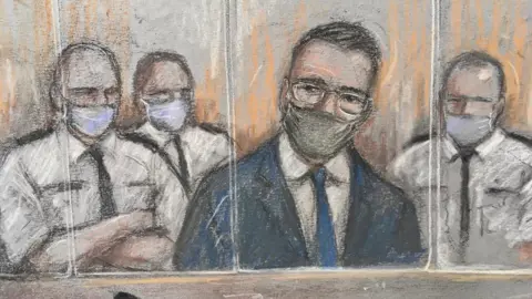 Elizabeth Cook Artist sketch of defendant Pawel Relowicz flanked by court security guards in the dock