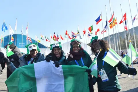AFP Nigeria's women's bobsleigh and skeleton team members Seun Adigun, Ngozi Onwumere, Akuoma Omeoga and Simidele Adeagbo attend a welcoming ceremony for the team in the Olympic Village in Pyeongchang ahead of the Pyeongchang 2018 Winter Olympic Games on February 6, 2018.