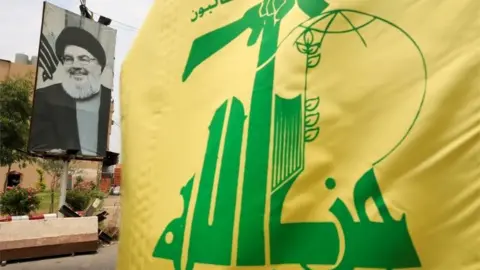Reuters Portrait of Hezbollah chief Hassan Nasrallah and a Hezbollah flag near Sidon (file photo)