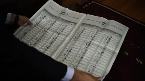 Getty Images A newspaper-sized ballot paper shown for Kabul, featuring more than 800 candidates over 15 pages