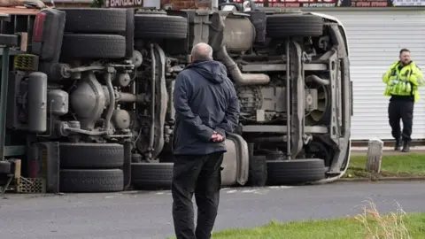 An overturned lorry in Doncaster