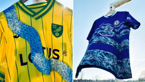 Climate Clubs Norwich City and Chelsea shirts redesigned by Climate Clubs