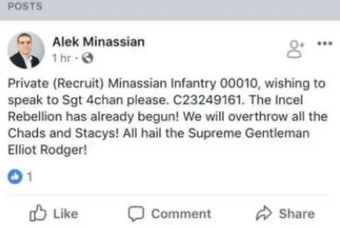 Facebook Alek Minassian's Facebook post calling for an 'incel rebellion'