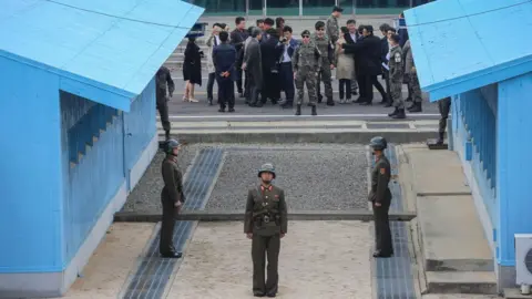 Young Pioneer Tours A view of the Demilitarised Zone (DMZ) from North Korea