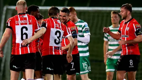 Inpho Michael Duffy celebrates scoring for Derry in Friday's night's game at the Brandywell