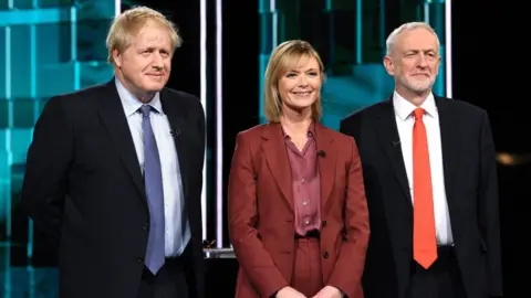 PA Media Boris Johnson, Julie Etchingham and Jeremy Corbyn